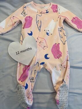 Carter's - 12M - Pink and White Fleece Onesie/Sleeper with Animal Print